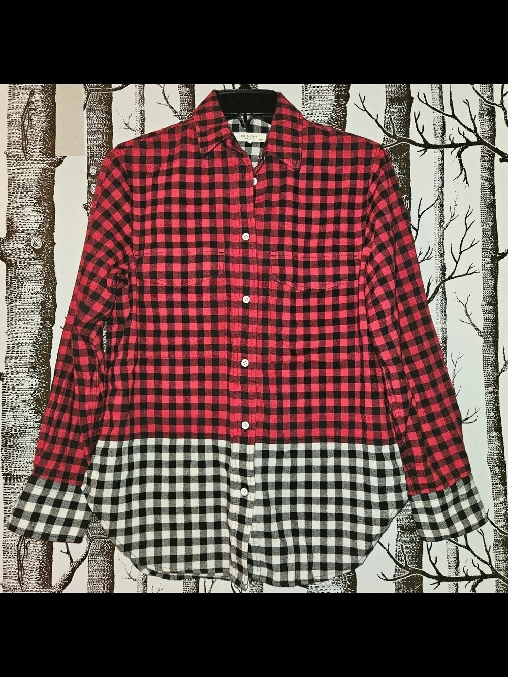 rag & bone Red and Black Check Button-Down with Black & White Lower Panel